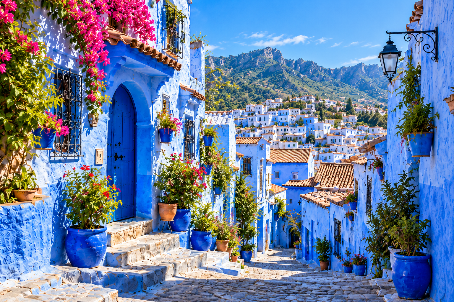 Blue-painted lane and mountain views in Chefchaouen, Morocco
